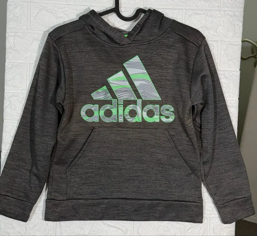 Adidas Boys Size 8 Small Gray Green Logo Fleece Pullover Hoodie